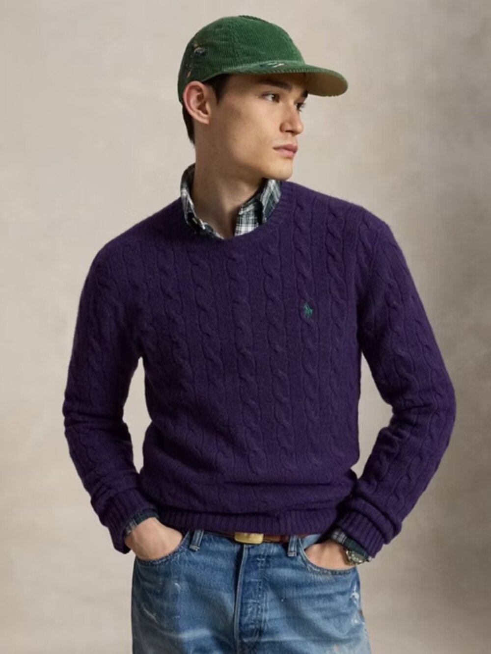 Vintage Polo Ralph Lauren Wool Cable Crewneck Sweater, Size Large, Purple